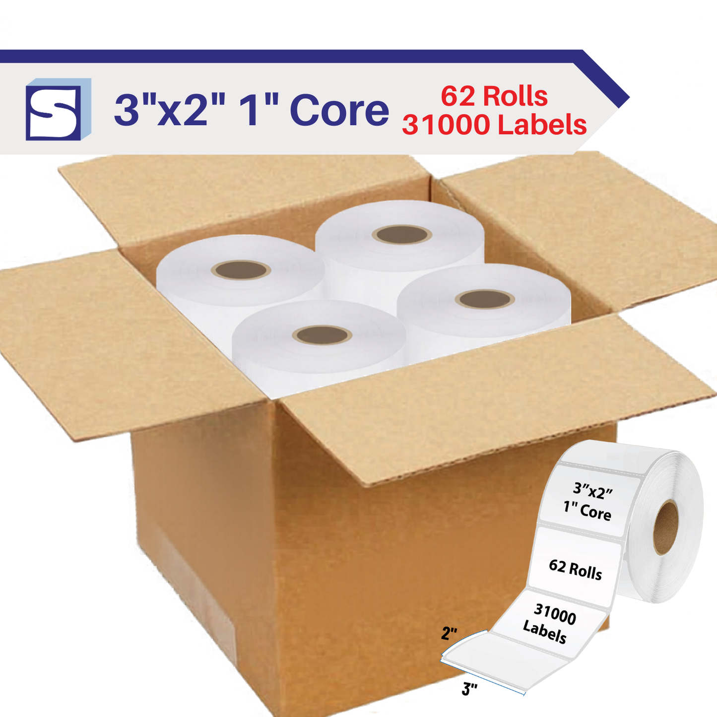3" x 2" / 1" Core Thermal Shipping Label Rolls