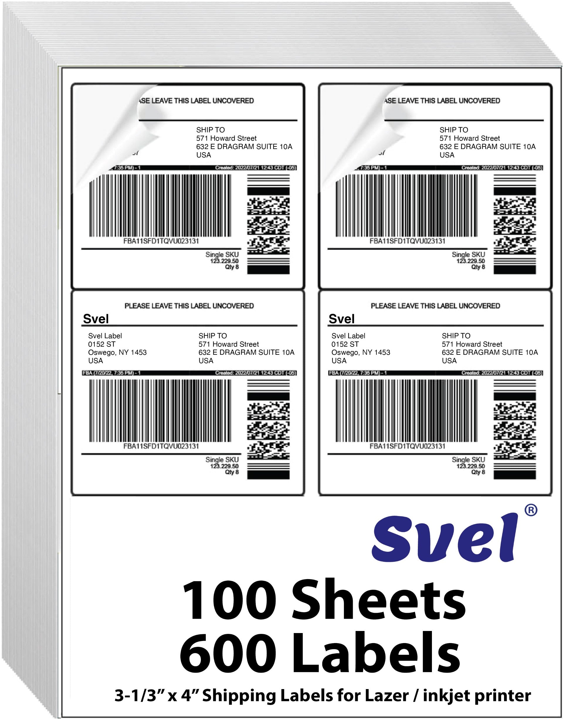 Shipping Labels for Laser & Inkjet Printers, 600 Labels 3-1/3" x 4"