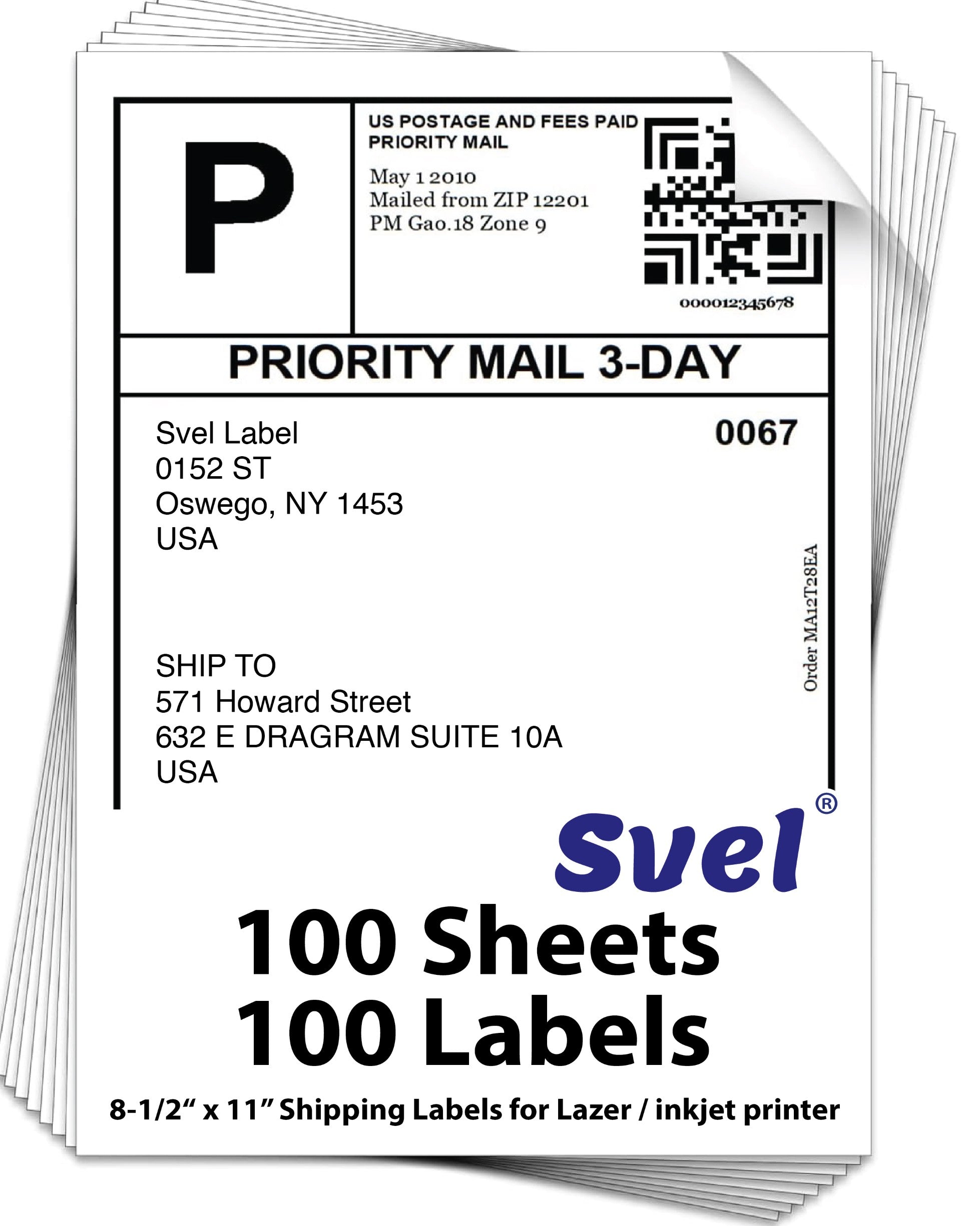 Shipping Labels for Laser & Inkjet Printers 100 Labels 8.5”x11”