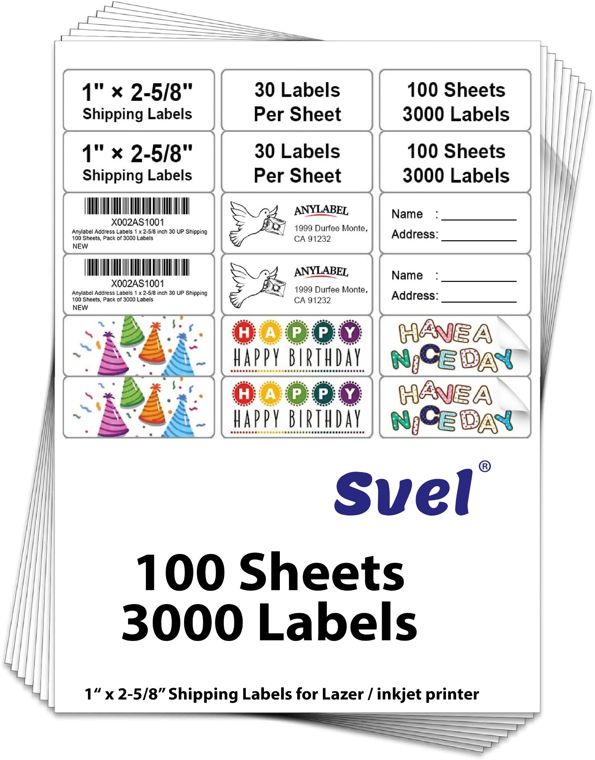 Shipping Labels for Laser & Inkjet Printers 3000 Labels 1"x2-5/8"