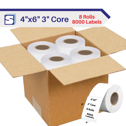 Thermal Shipping Label for Roll 4” x 6”, 3" Core, 8 Rolls (8000 Labels)