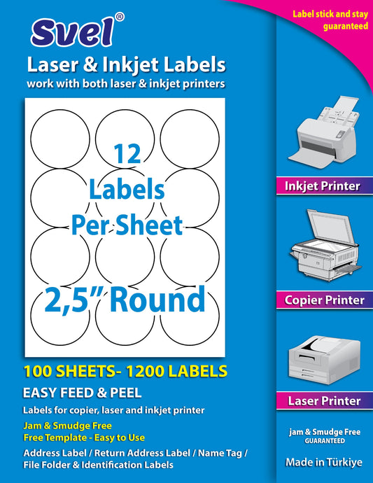 Shipping Labels for Laser & Inkjet Printers 1200 Labels 2.5” Round