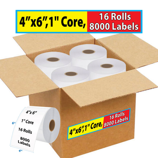 Thermal Shipping Label for Roll 4”x6”,1'' Core, 16 Rolls (8000 Labels)