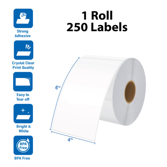 Thermal Shipping Label 1 Roll 4”x6”, 1'' Core (250 Labels)