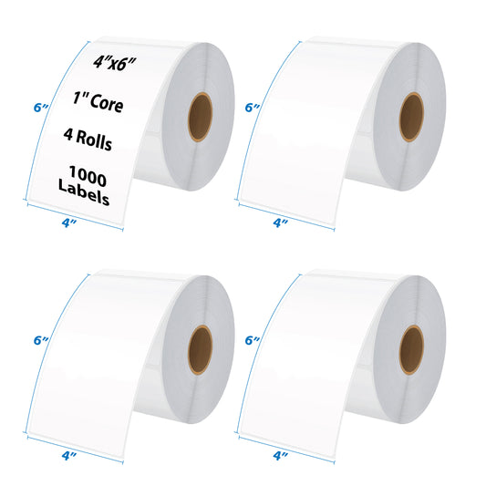 Thermal Shipping Label for Rolls, 4”x6”,1'' Core, 4 Rolls (1000 Labels)