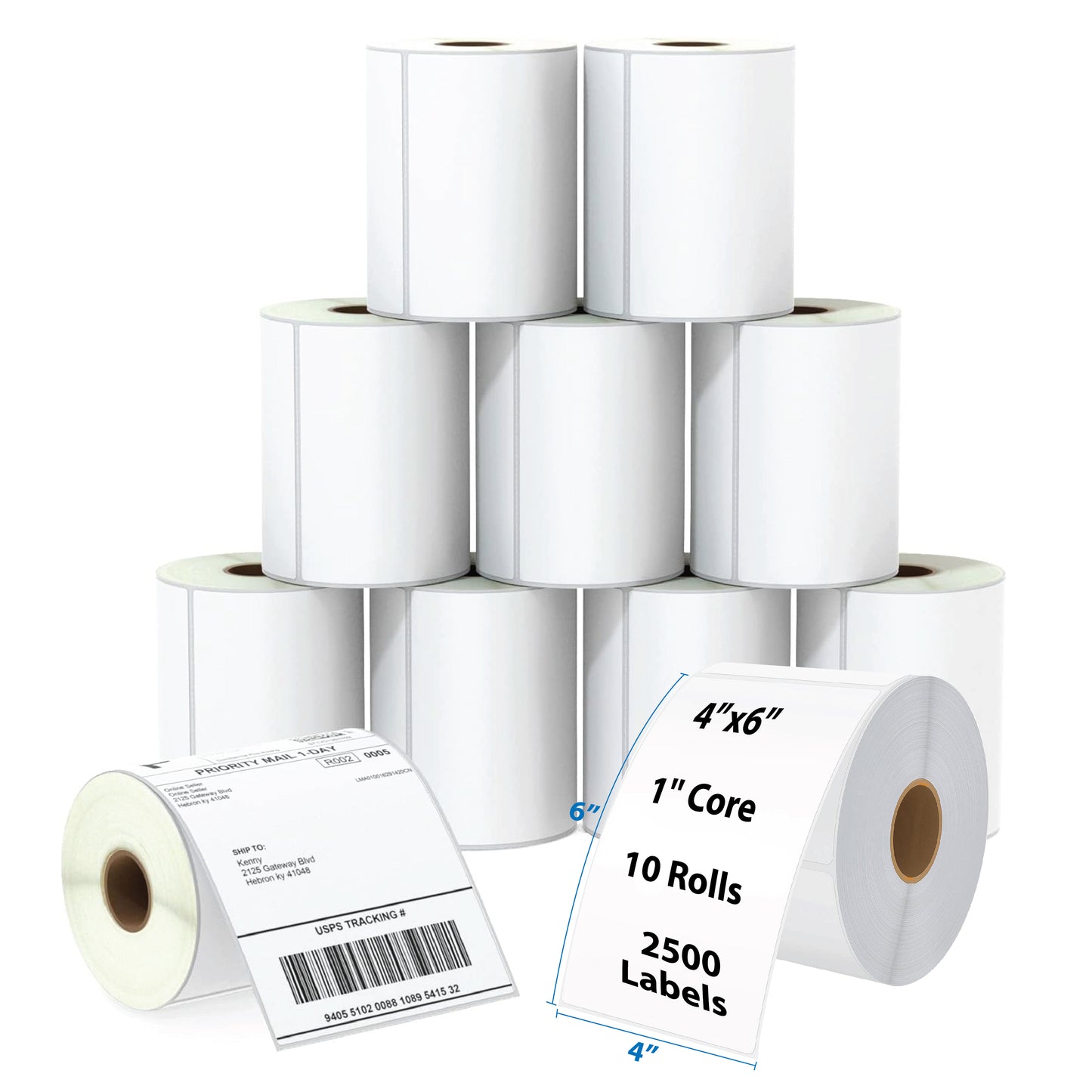 Thermal Shipping Label for Rolls 4”x6”,1'' Core, 10 Rolls (2500 Labels)