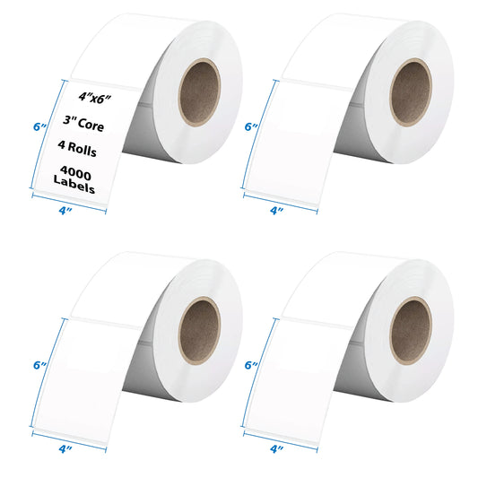 Thermal Shipping Label for Rolls 4”x6”, 3'' Core, 4 Rolls (4000 Labels)