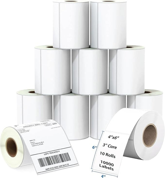 Thermal Shipping Label for Roll 4”x6” 3'' Core 10 Rolls (10000 Labels)