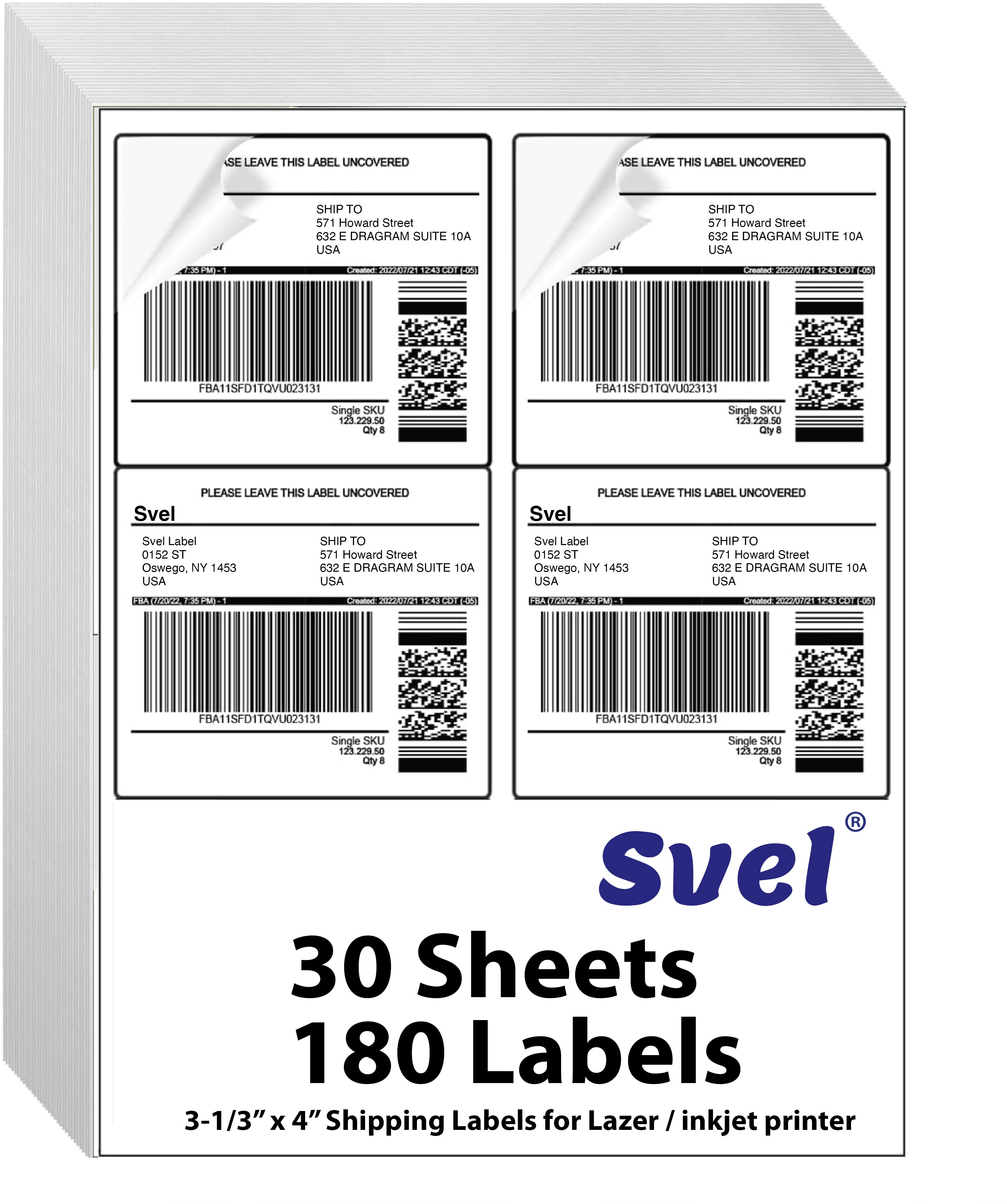 Shipping Labels for Laser & Inkjet Printers, 180 Labels 3-1/3" x 4"