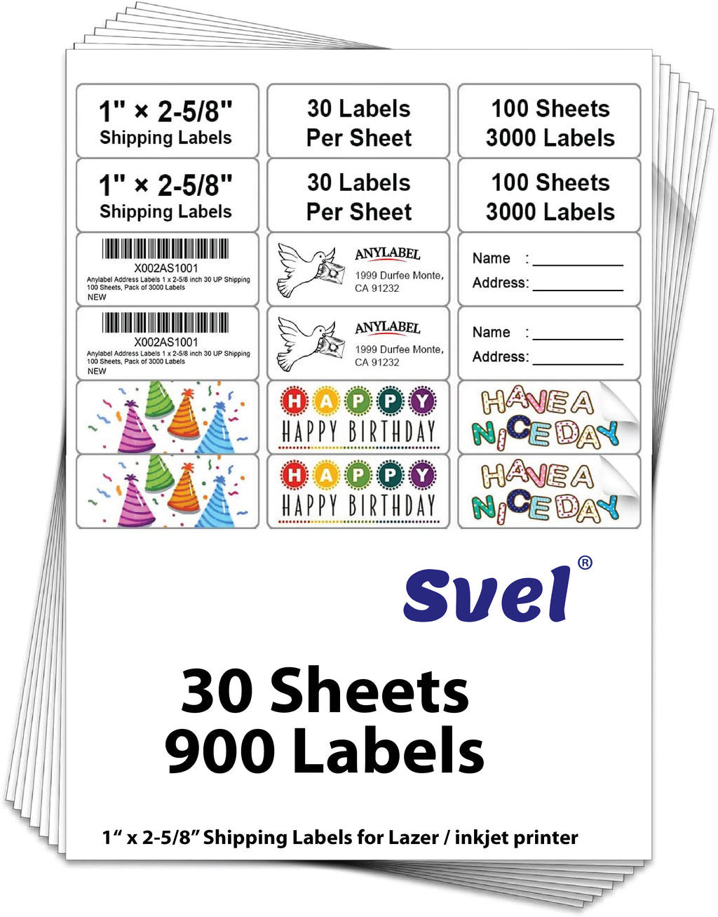Shipping Labels for Laser & Inkjet Printers 900 Labels 1"x2-5/8"