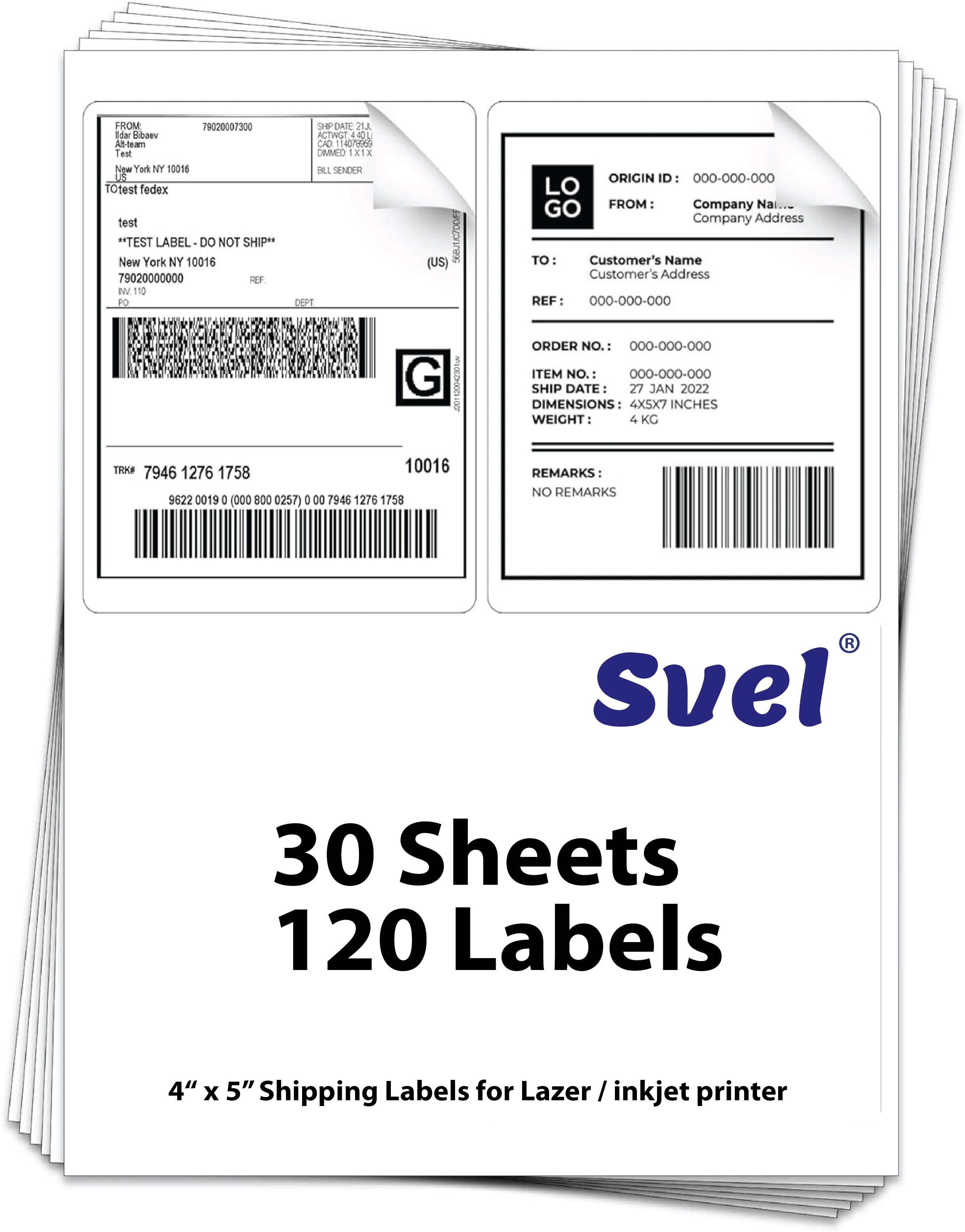 Shipping Labels for Laser & Inkjet Printers 120 Labels 4”x5”