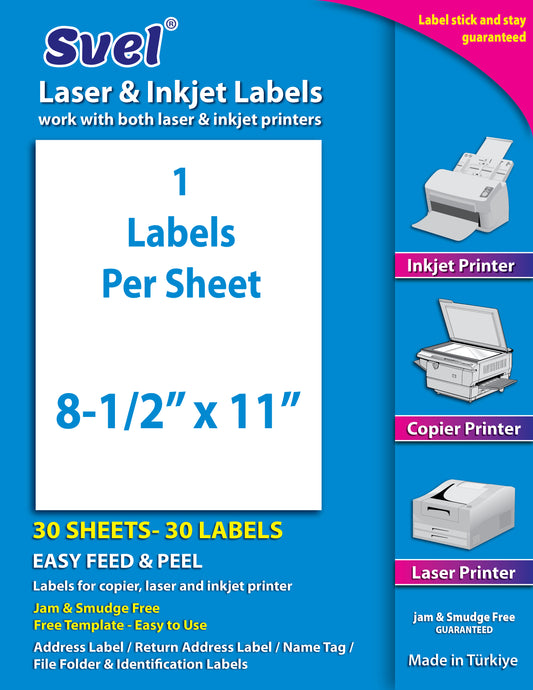 Shipping Labels for Laser & Inkjet Printers 30 Labels 8.5”x11”