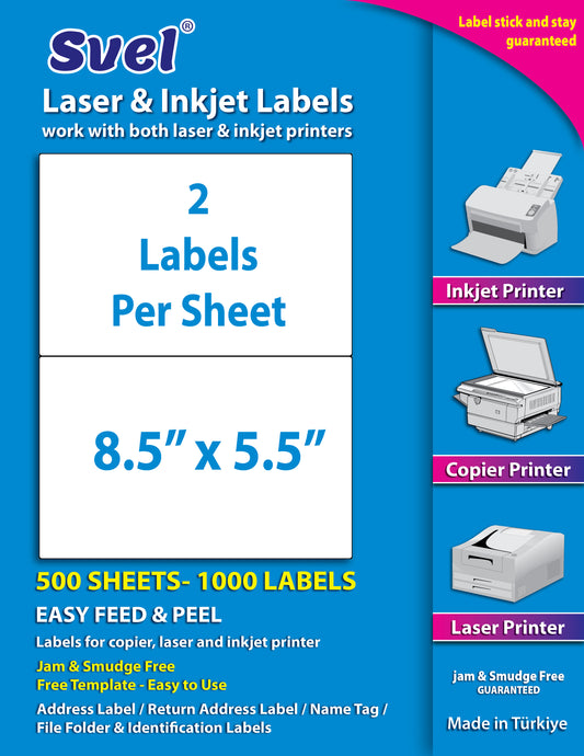 Shipping Labels for Laser & Inkjet Printers 1000 Labels 8.5”x5.5”